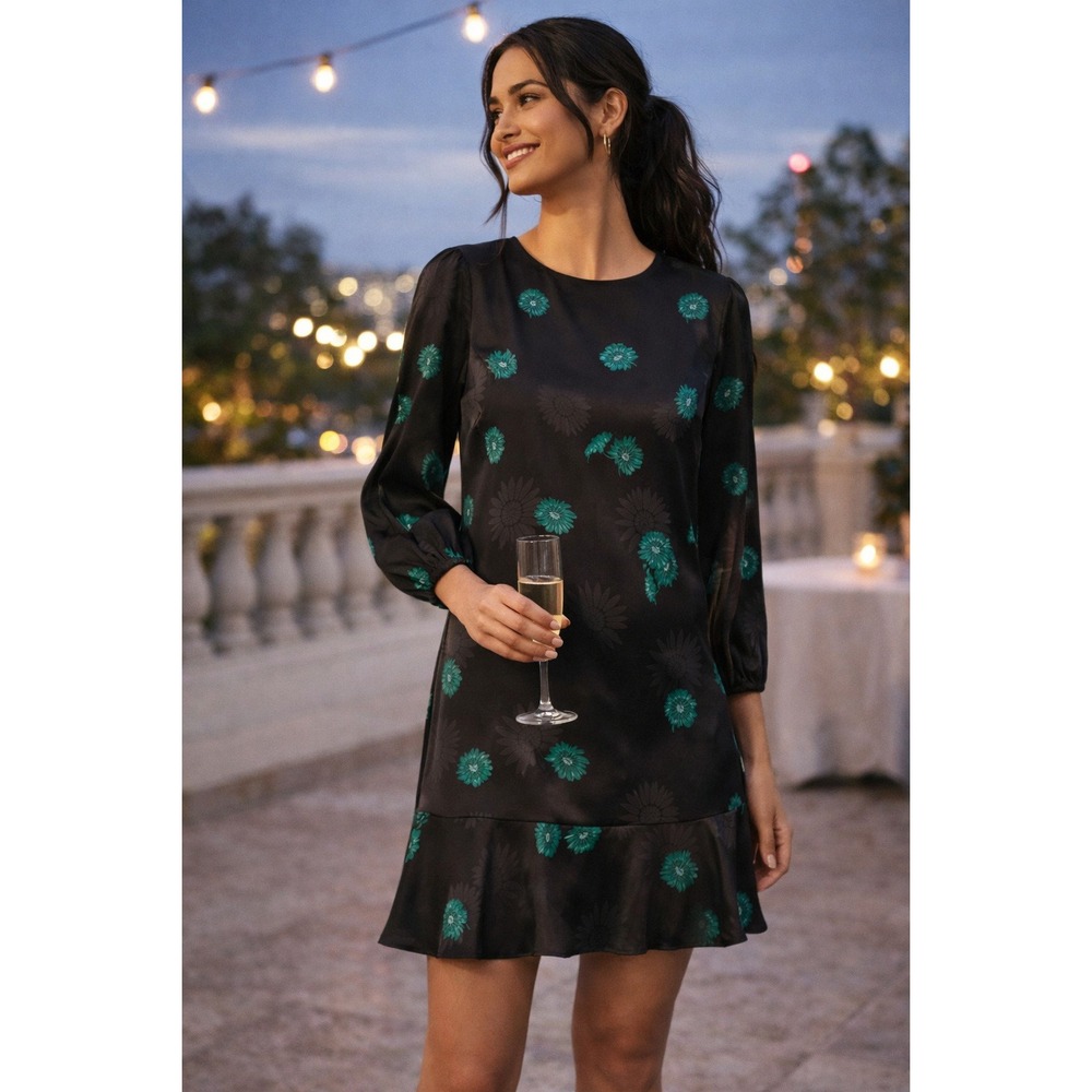 NWT Ann Taylor Black Floral Flounce Hem Shift Dress Satin Mini Size 10